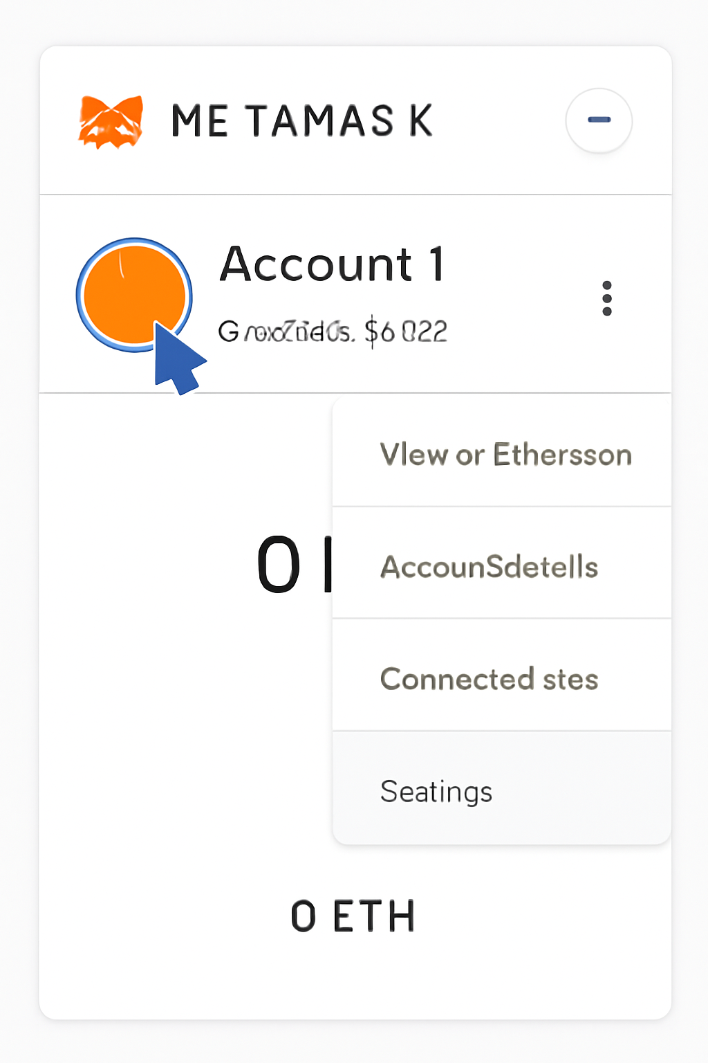A user interface screenshot of the MetaMask wallet, highlighting the account icon and the settings menu, in a clean, modern style.