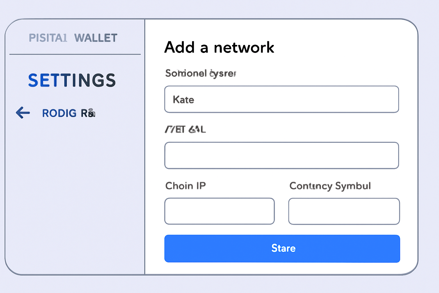 A digital wallet interface with settings open, showing the addition of a new blockchain network labeled 'Base', with network details being filled in.