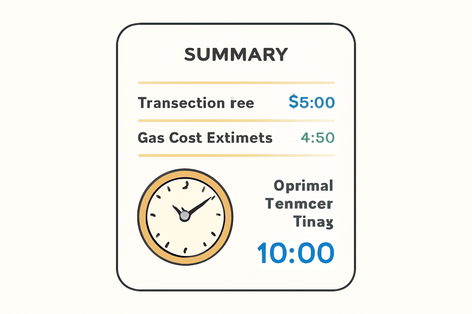 A summary screen showing transaction fees, gas cost estimates, and a clock suggesting optimal transfer times.