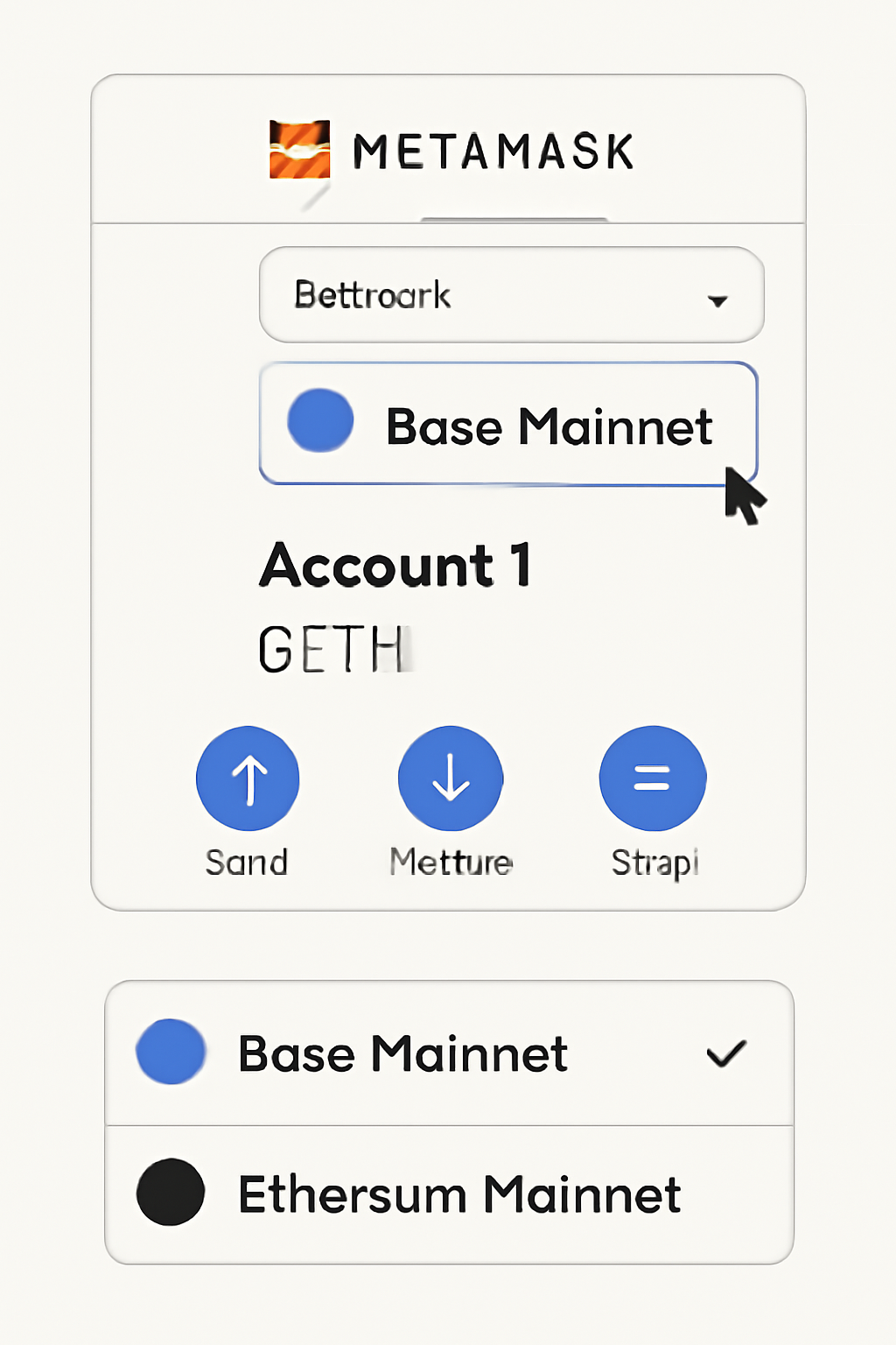 A MetaMask wallet interface showing the newly added 'Base Mainnet' in the network dropdown, with the user selecting it.