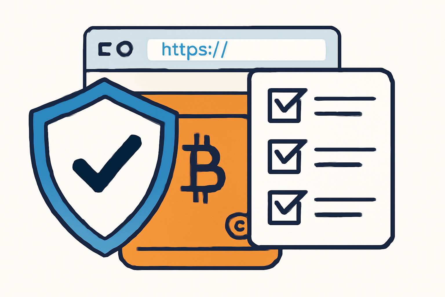 A digital shield overlaying a crypto wallet and a browser URL bar, with a checklist of security steps beside it.