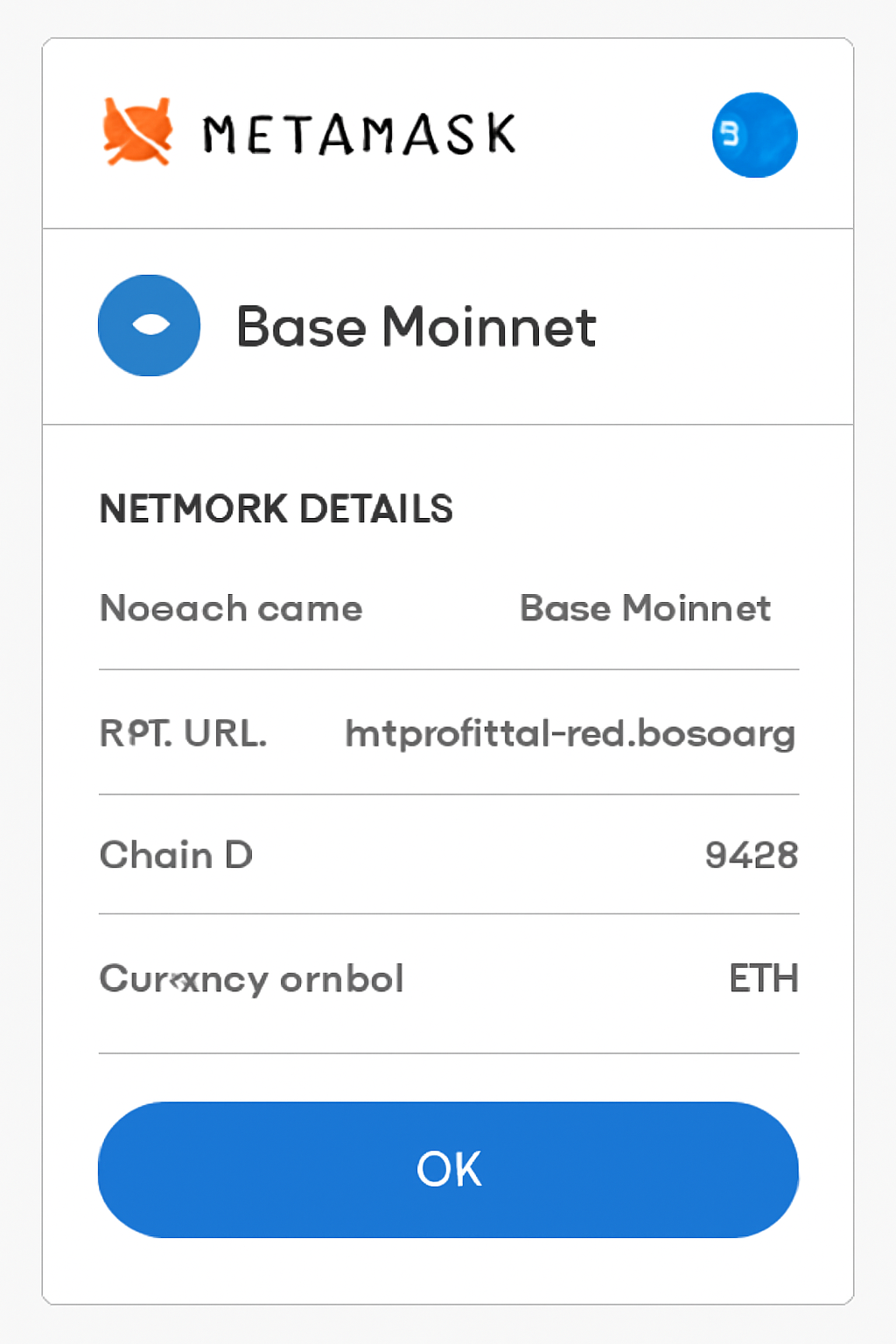 A MetaMask wallet displaying 'Base Mainnet' as the active network, with network details visible for verification.
