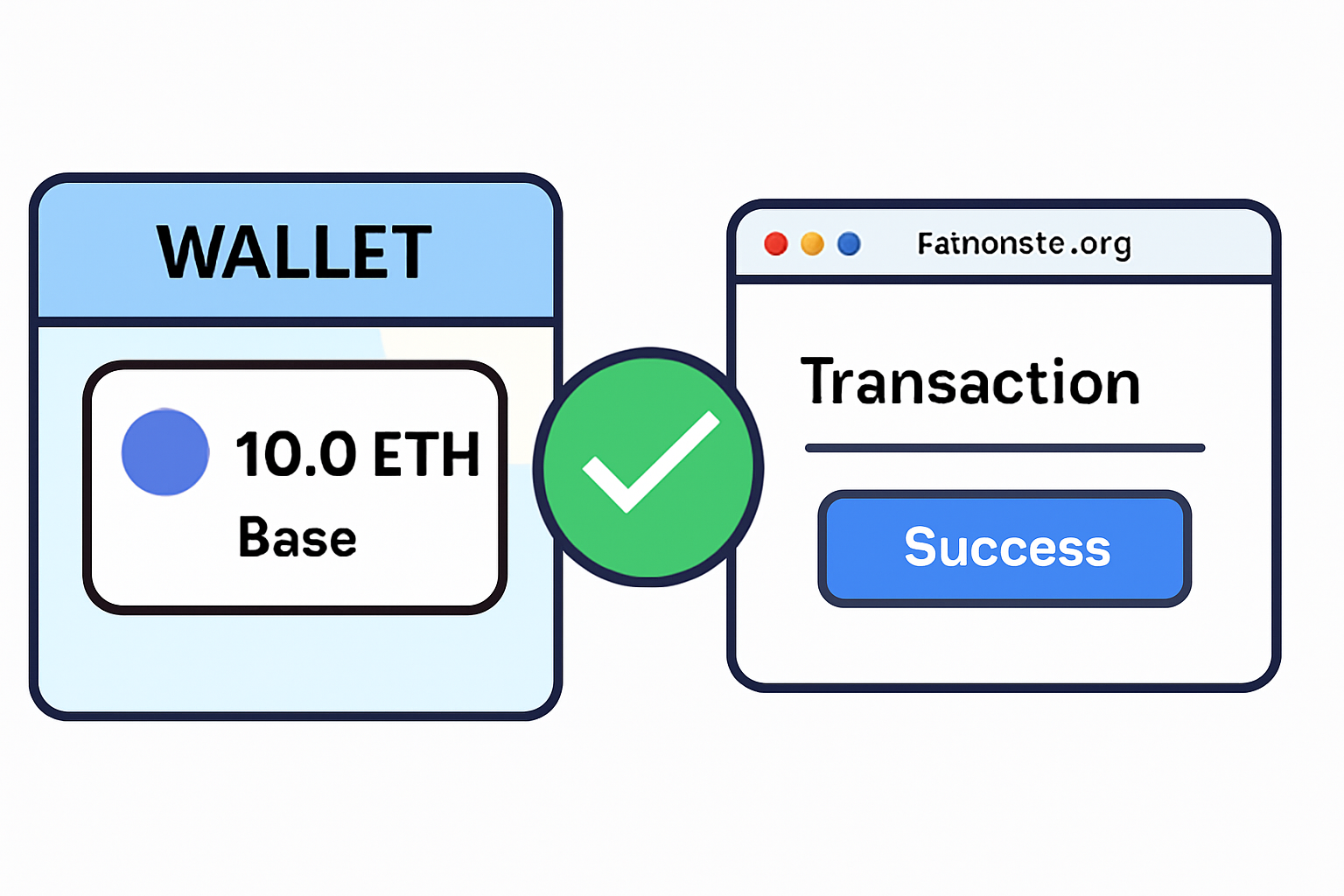 A wallet interface showing an updated ETH balance on Base, with a checkmark and a browser tab open to basescan.org displaying the transaction.