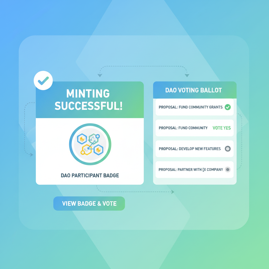 NFT badge minting success screen with DAO voting ballot