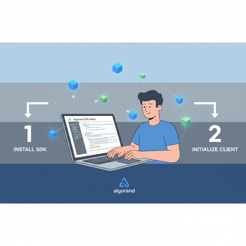 Developer setting up Algorand SDK on laptop with blockchain nodes glowing