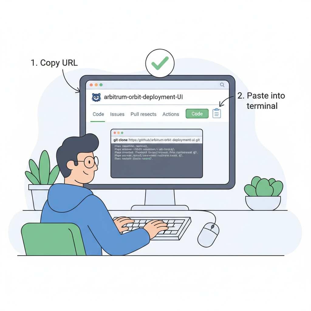 GitHub repository page for arbitrum-orbit-deployment-ui, developer cloning code