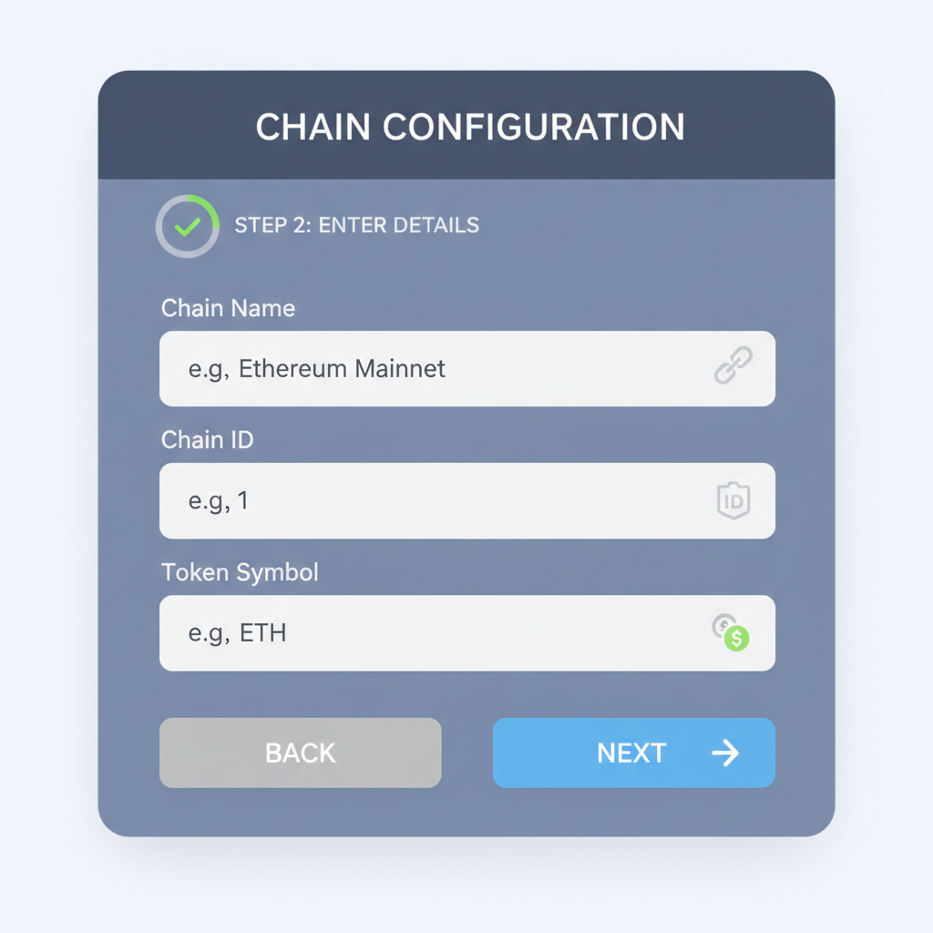 Form fields for chain config: name, ID, token symbol on sleek UI
