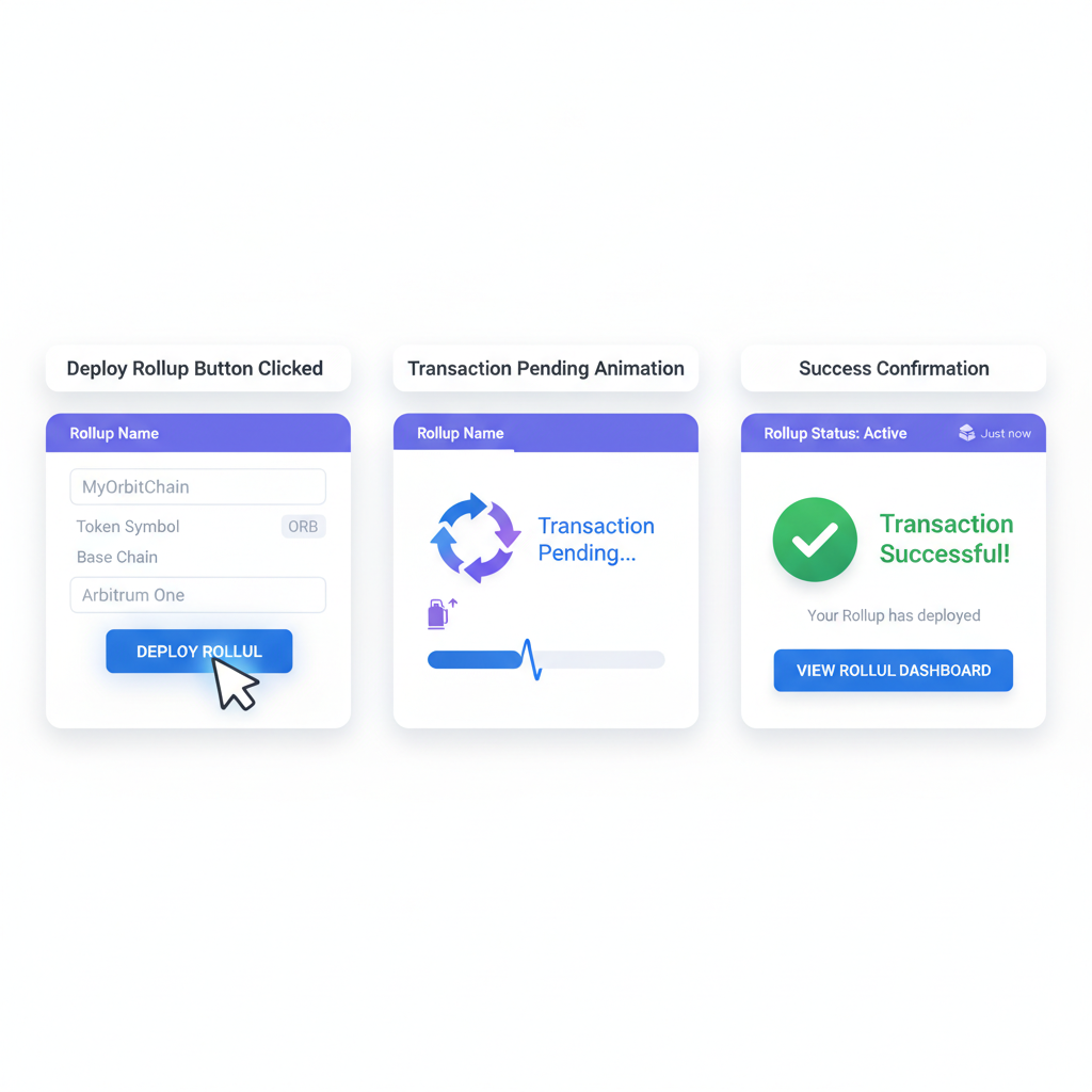 deploy rollup button clicked, transaction pending animation, success confirmation, Arbitrum Orbit interface