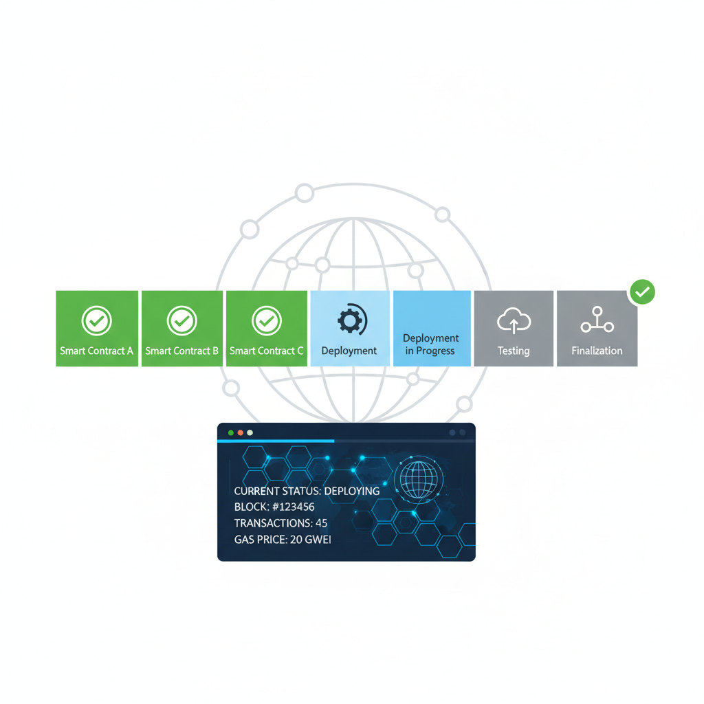 deployment progress bar, green checkmarks for contracts, real-time status dashboard, blockchain theme