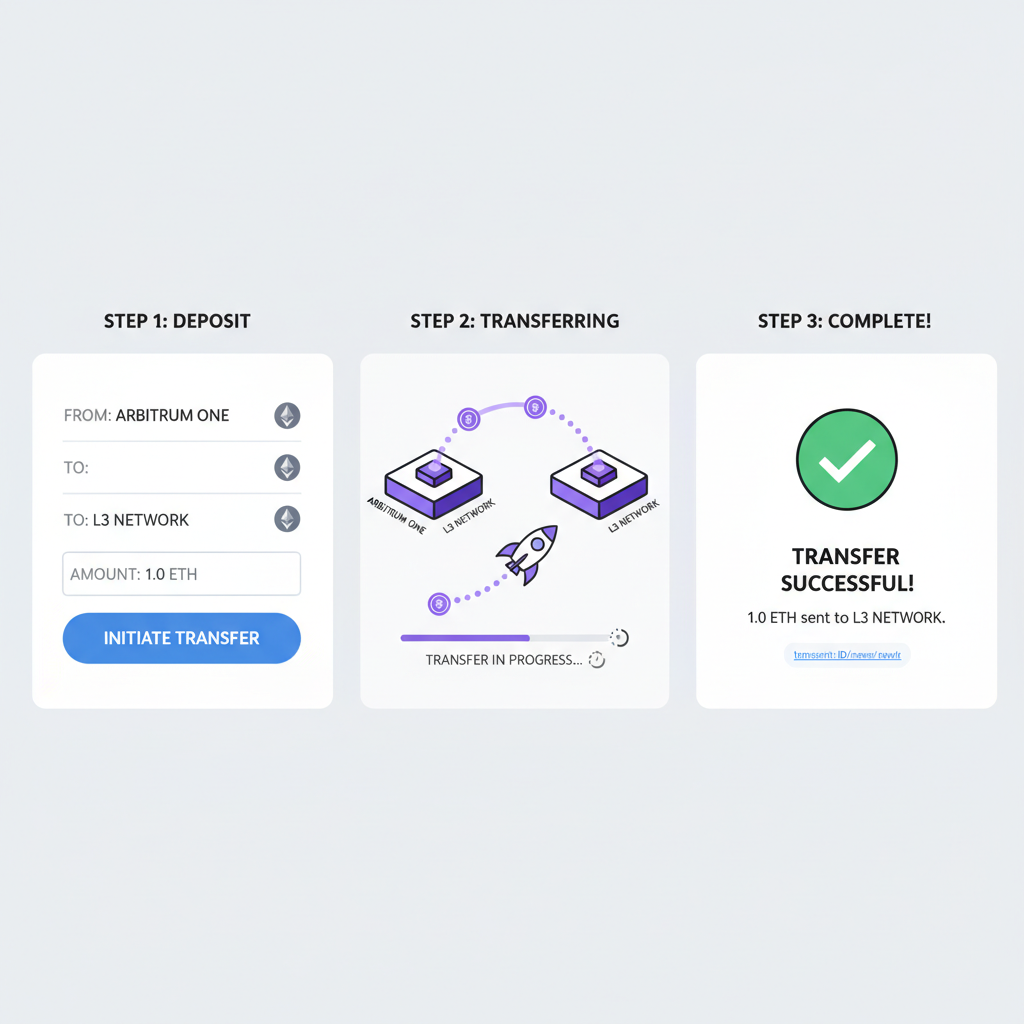 bridge UI with deposit form, ETH transfer animation, from Arbitrum One to L3, success notification