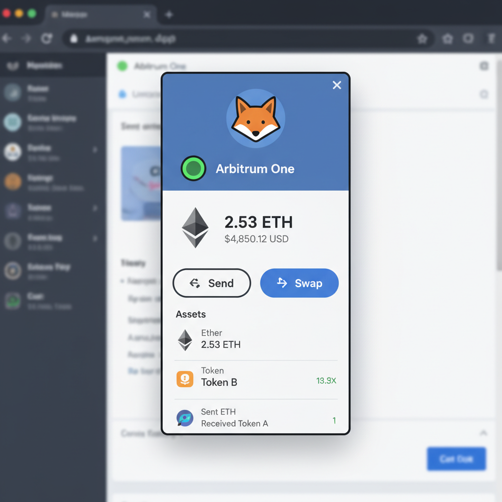 MetaMask wallet interface connected to Arbitrum One network, showing ETH balance