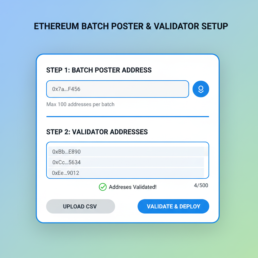 UI inputs for batch poster address and validator setup, Ethereum addresses visible