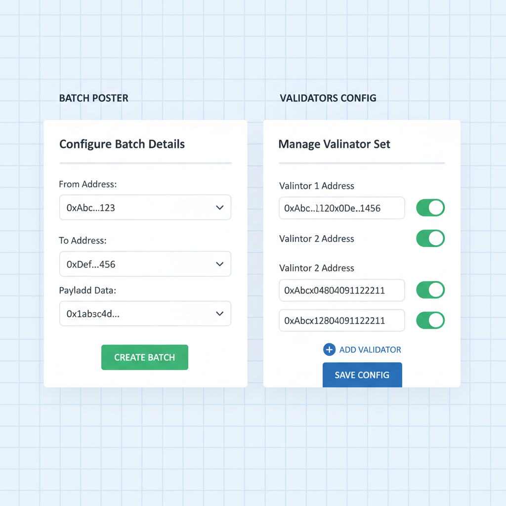 batch poster and validators config panel, dropdowns addresses inputs, Orbit UI elements, technical blockchain screenshot