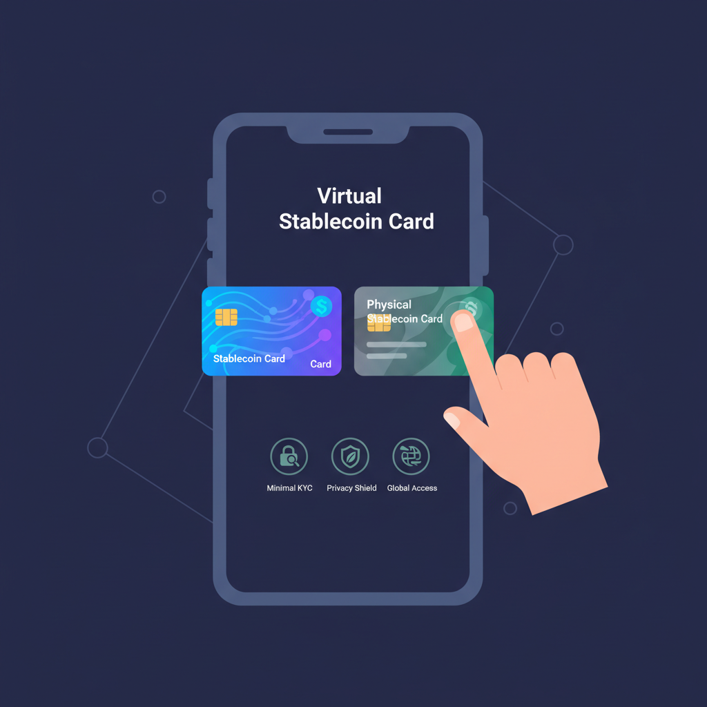 user selecting virtual vs physical stablecoin card on app, minimal KYC icons, privacy shield, modern interface dark mode