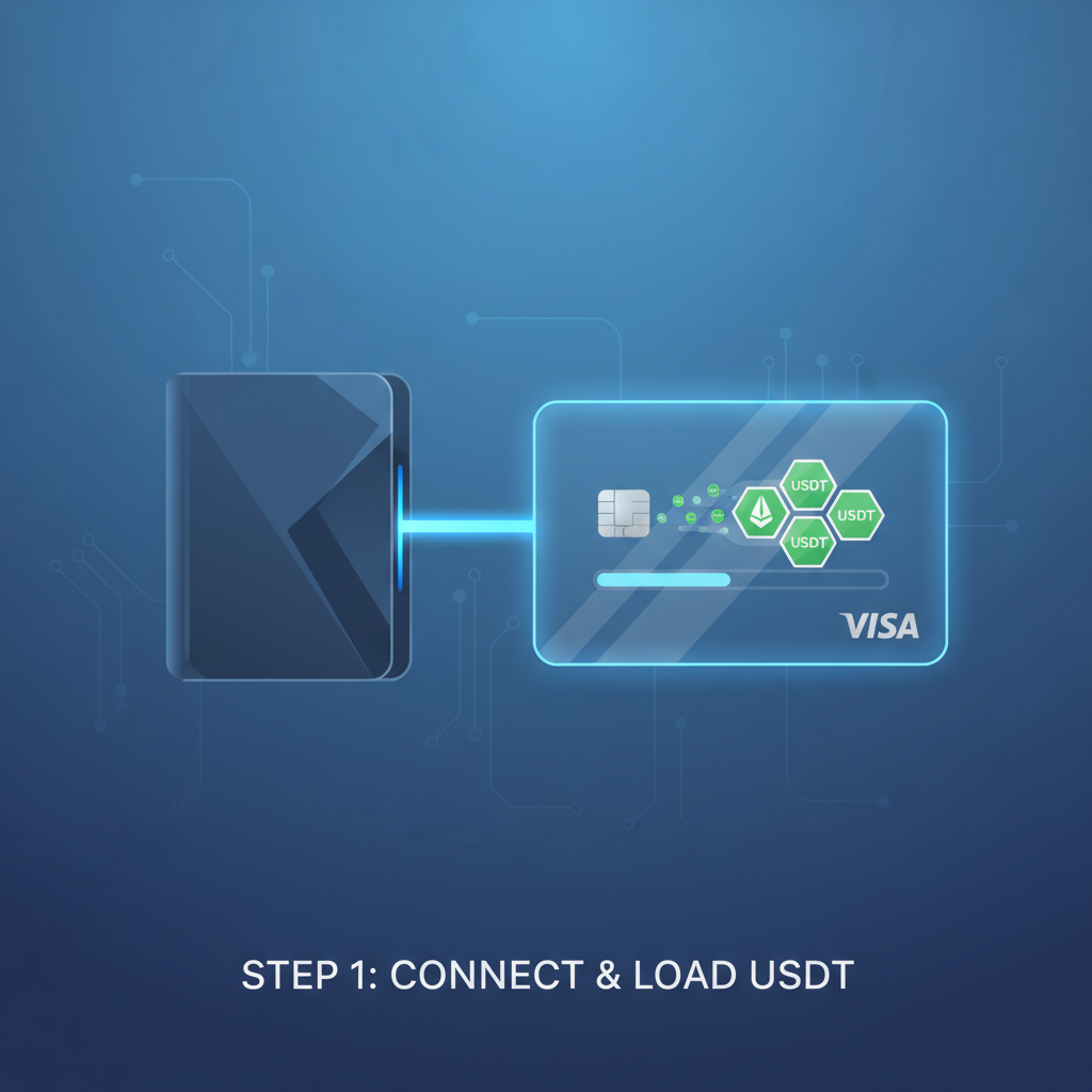 sleek crypto wallet connecting to glowing stablecoin card, USDT tokens loading, futuristic blue tones, Visa logo subtle