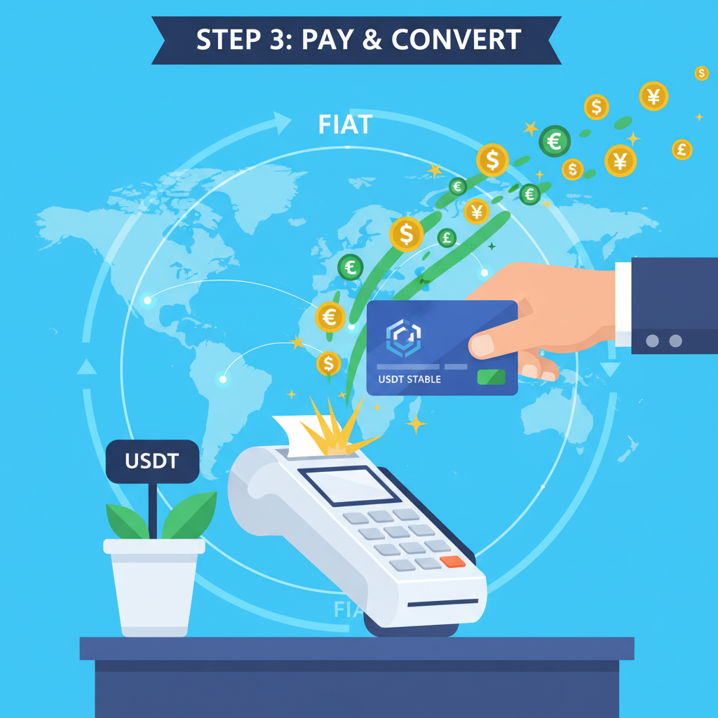 person swiping stablecoin card at merchant POS, USDT converting to fiat sparks, worldwide map background, vibrant