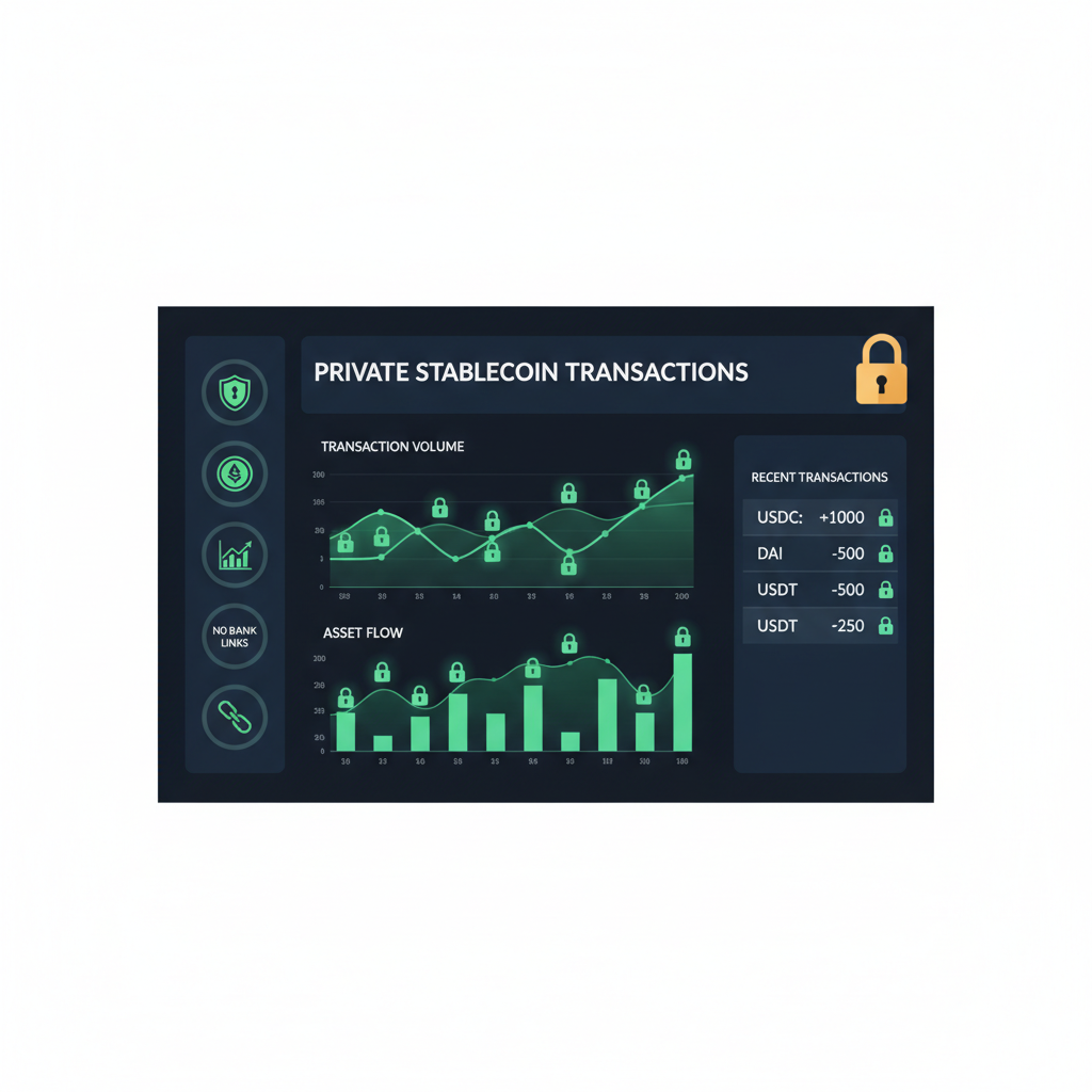 secure private dashboard showing stablecoin transactions, no bank links, lock icons, elegant charts green glow