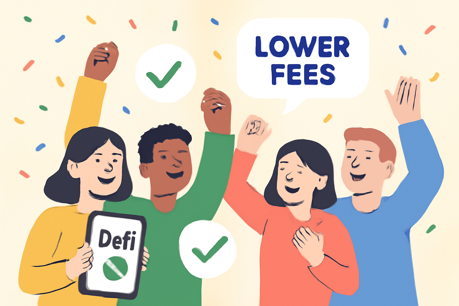 A cheerful group of DeFi users celebrating lower fees and successful transactions, confetti in the air.