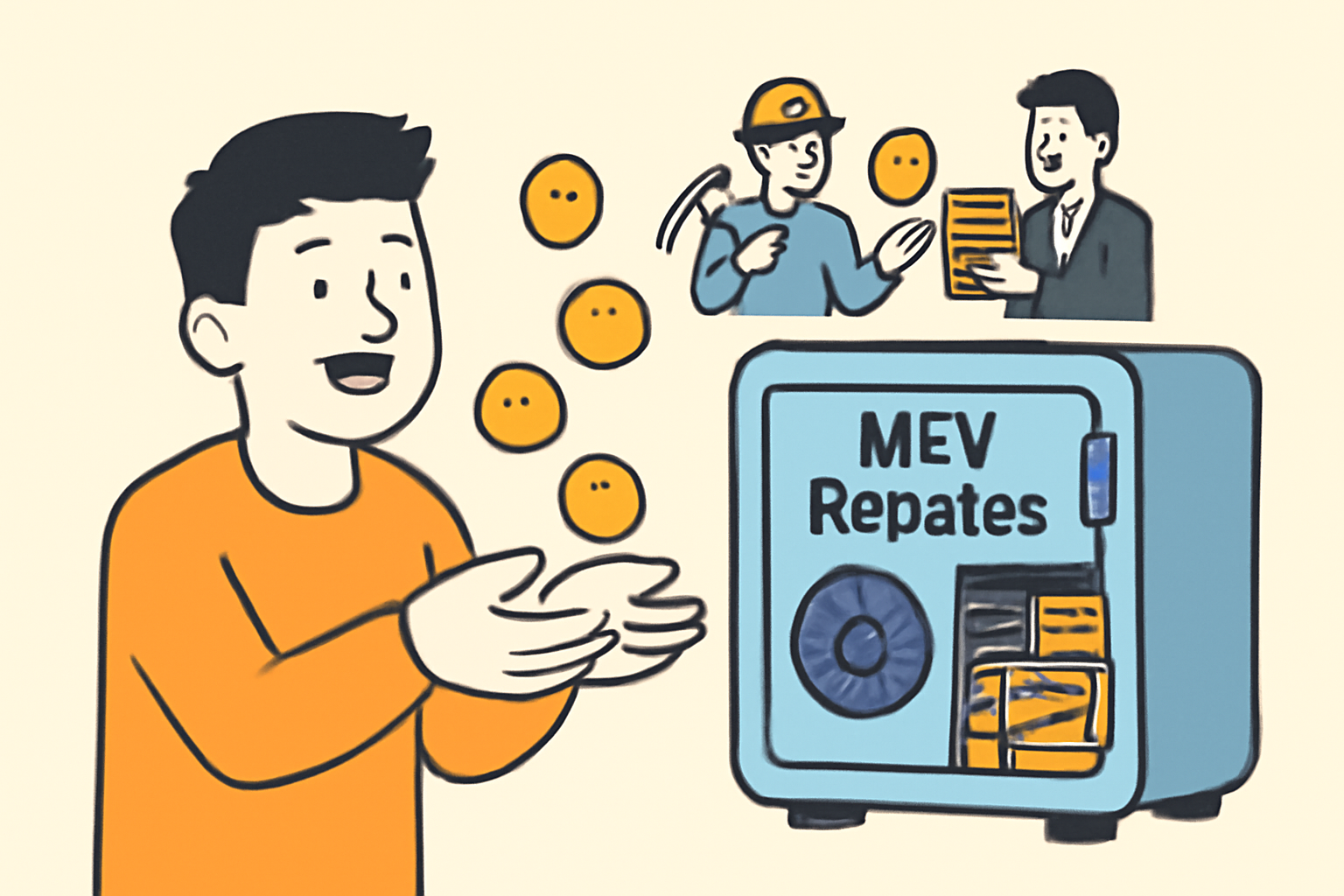 A happy user receiving coins from a digital vault labeled 'MEV Rebates', with miners and validators in the background sharing profits.