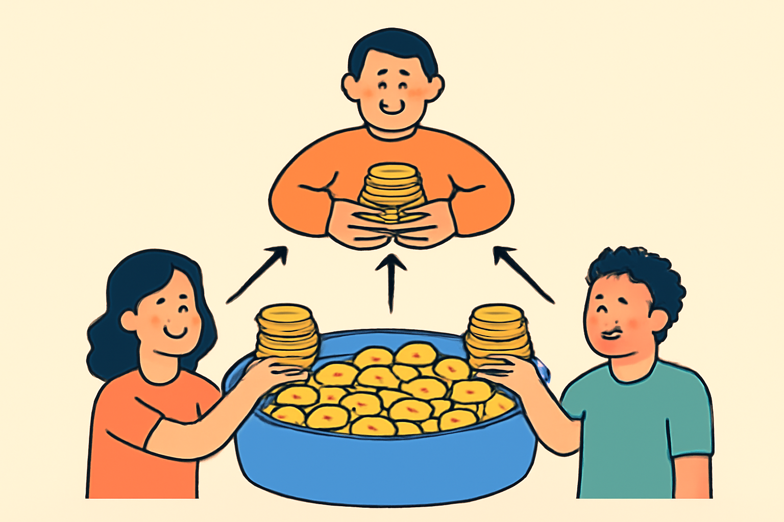 A pool of coins with multiple users happily receiving equal shares, symbolizing fairness and community.
