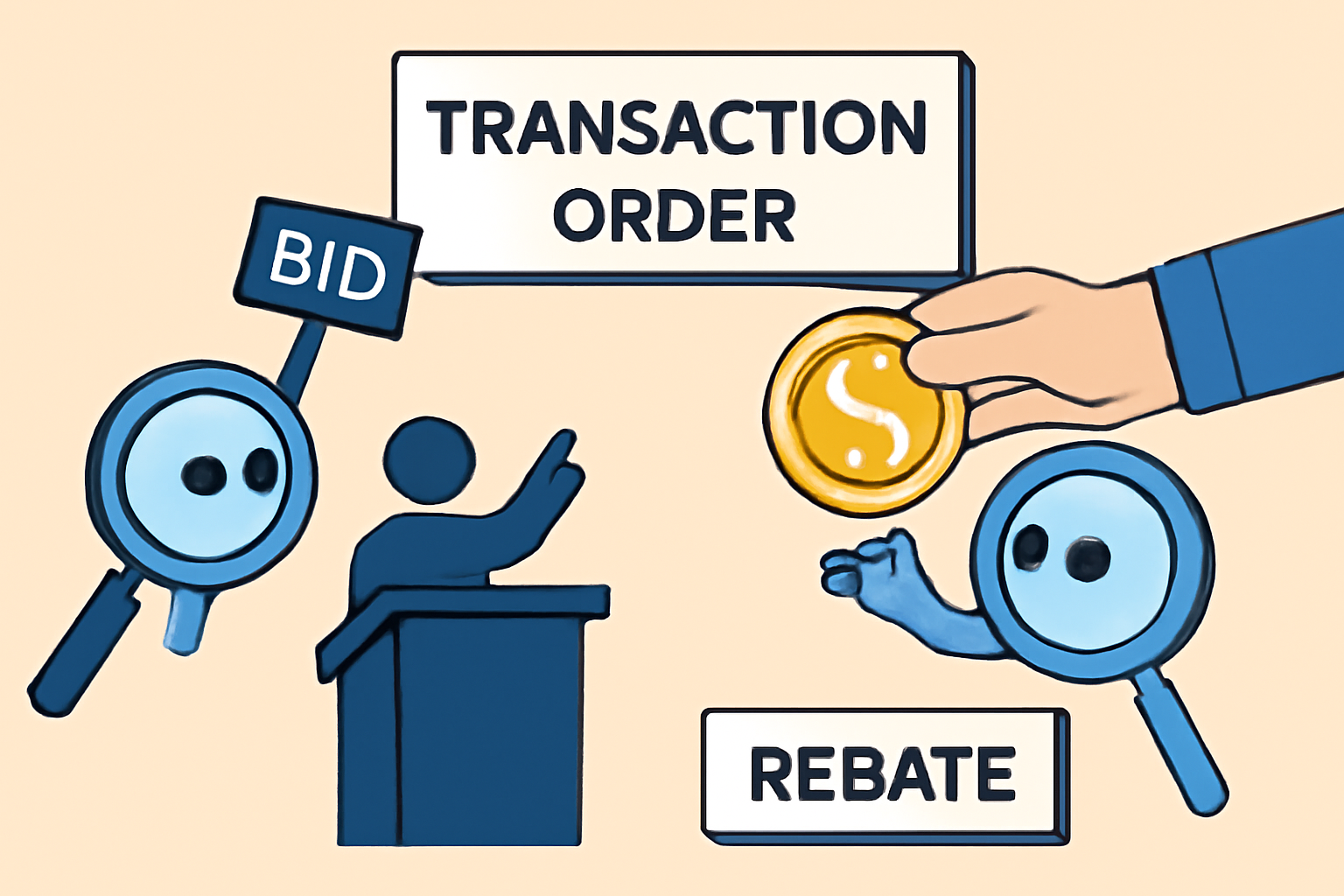 A digital auction scene with a transaction order being bid on by animated searchers, and the user receiving a golden rebate token.