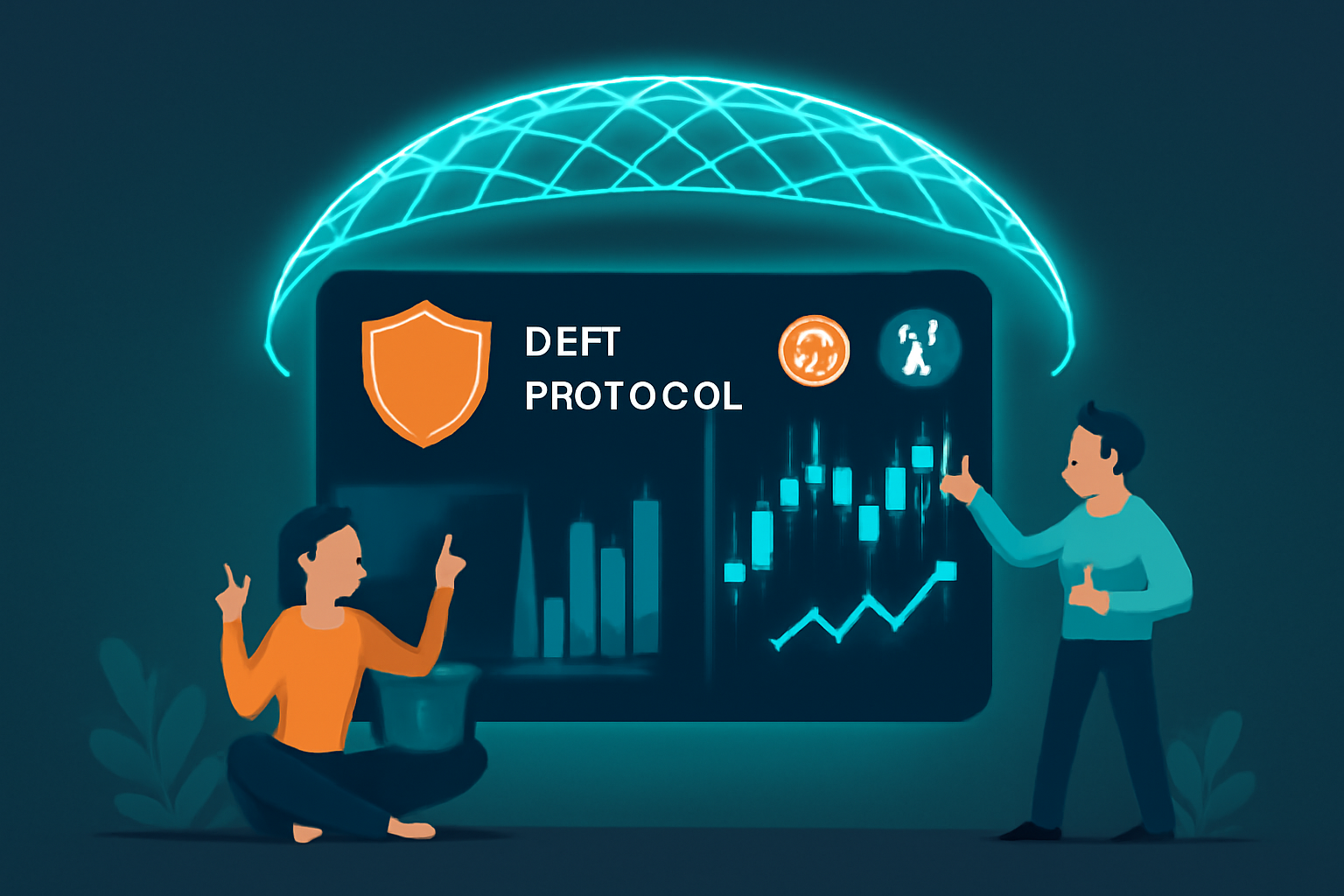 A futuristic DeFi protocol dashboard with a shield icon and users trading confidently, protected by a glowing safety net.