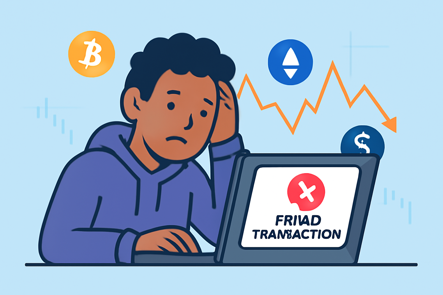 A cartoon DeFi user looking worried at a failed transaction message on their screen, with fluctuating crypto prices in the background.
