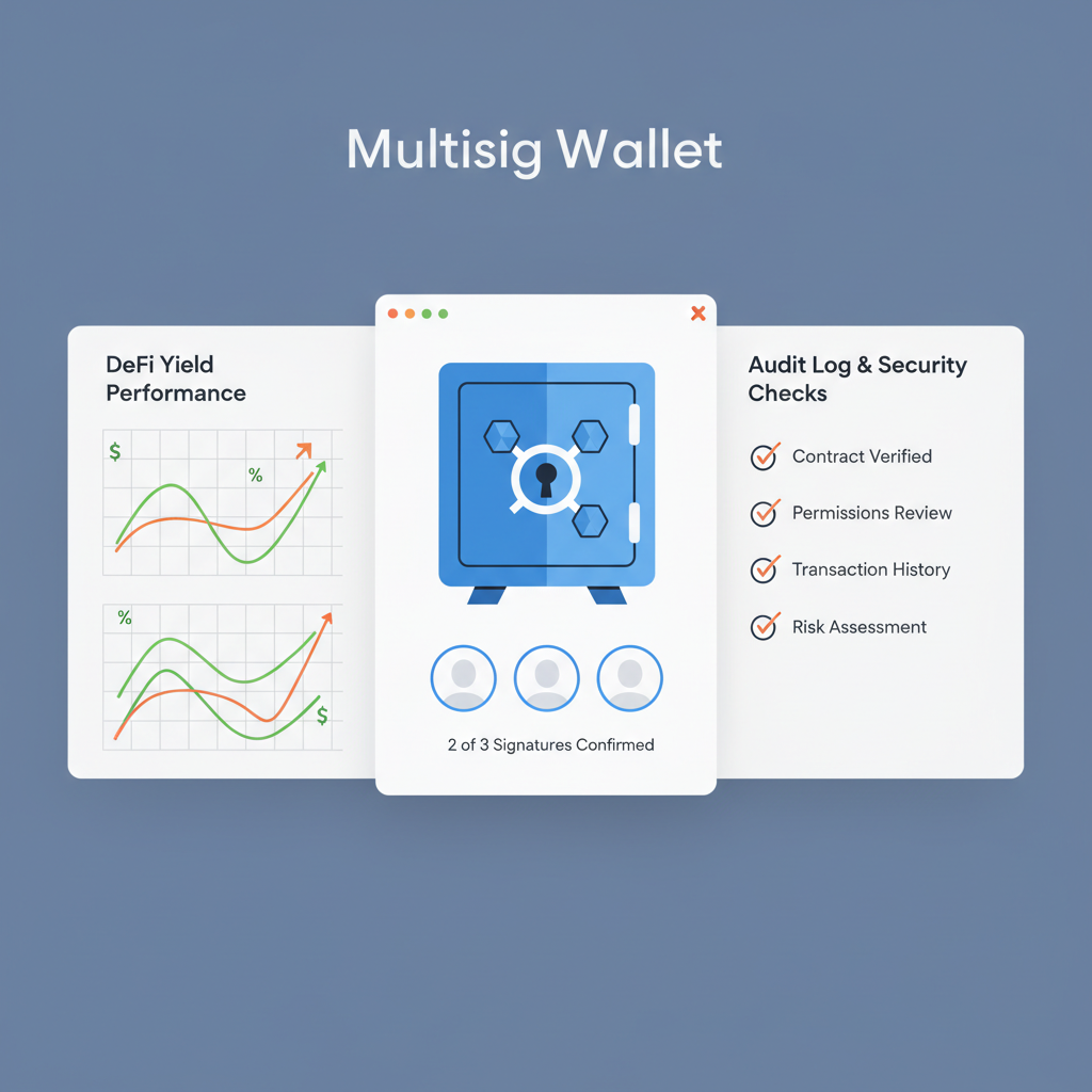 multisig wallet audit dashboard with DeFi yield graphs, secure vault interface