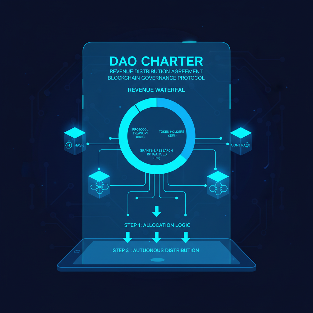futuristic DAO charter document with pie chart revenue waterfall, blockchain elements, neon blue tones
