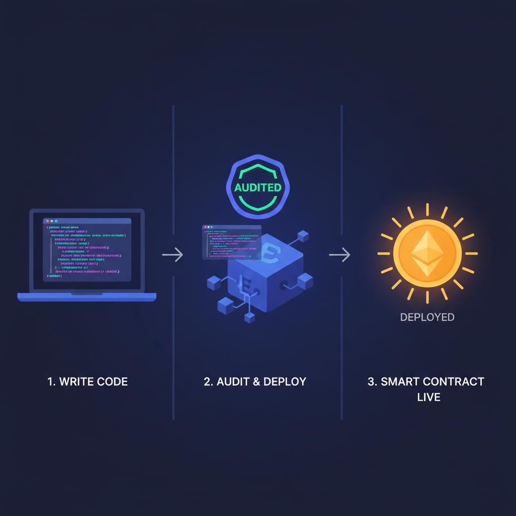 smart contract deployment on Ethereum blockchain, code snippets glowing, audit badge icon