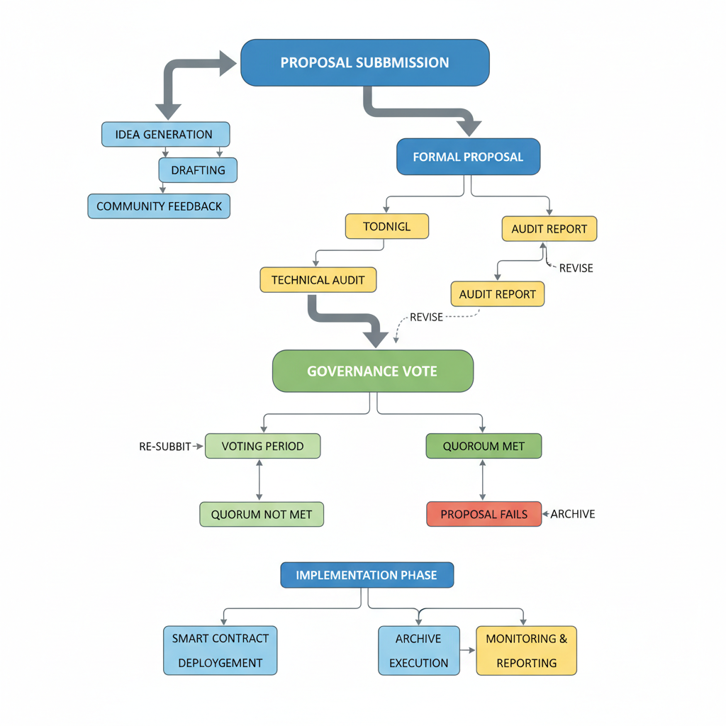 interconnected DAO governance flowcharts, parent and child nodes linked