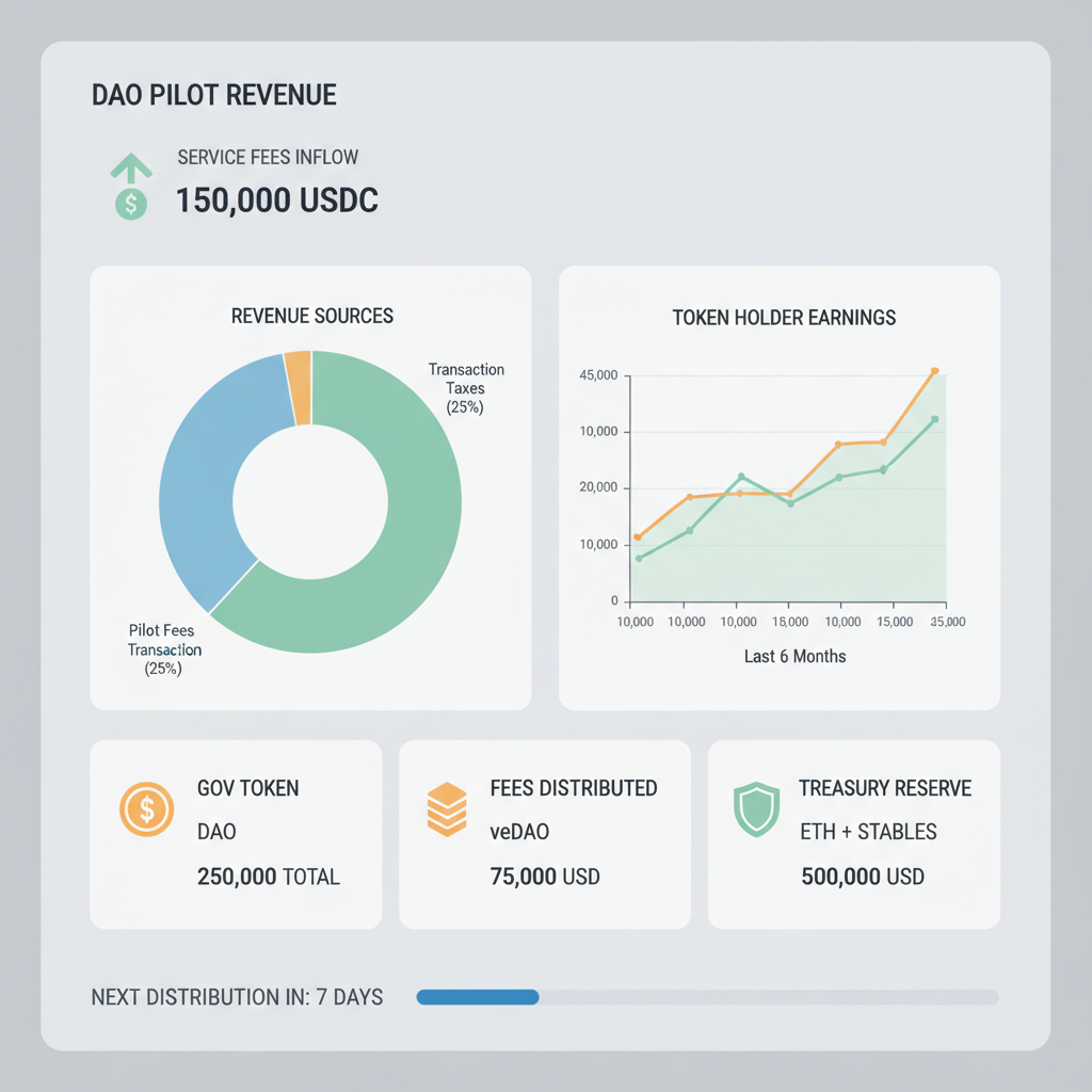 DAO pilot revenue dashboard showing service fees inflow, charts and tokens