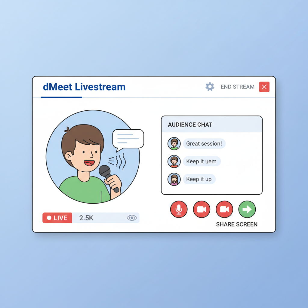 dMeet livestream interface, host speaking to audience, live indicators