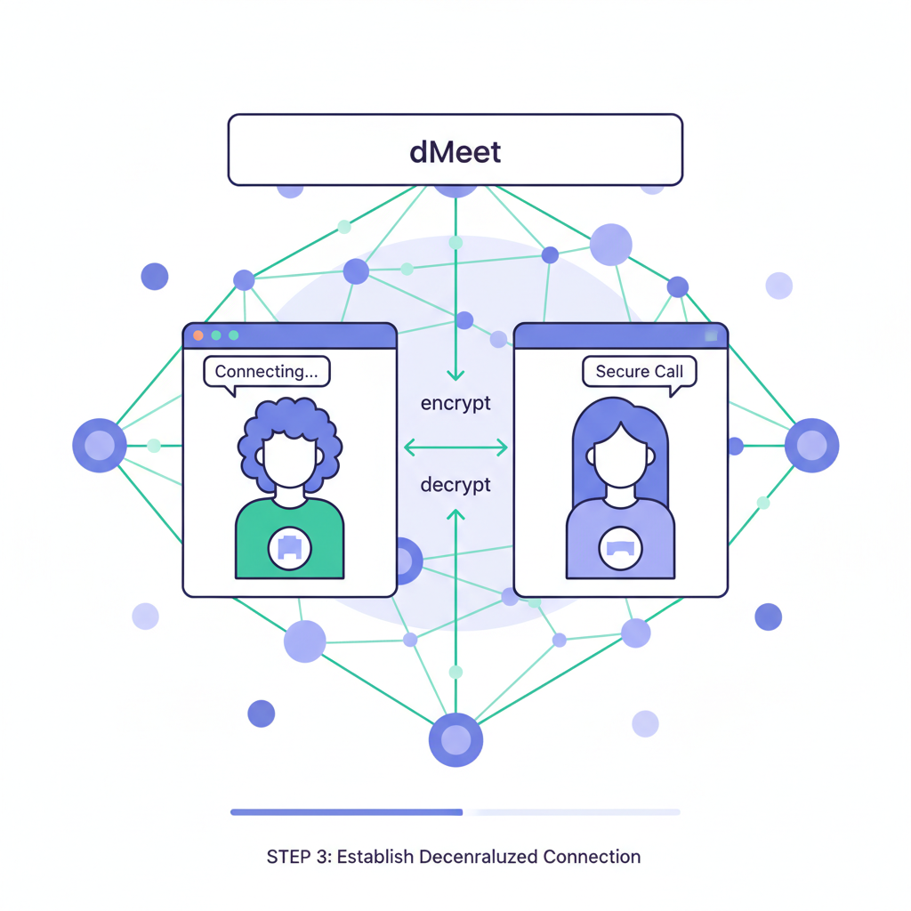 two users on video call in dMeet app, decentralized network visualization