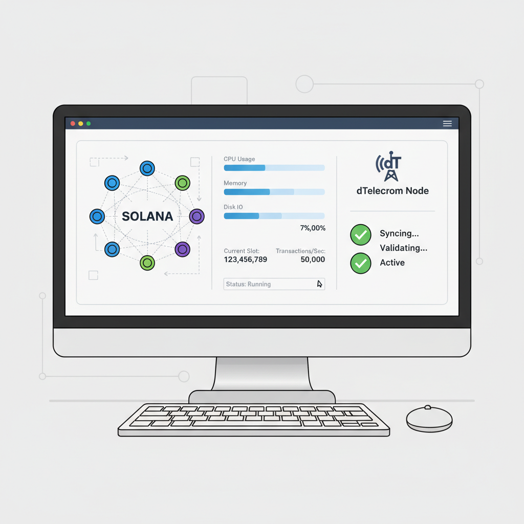 computer running Solana node for dTelecom, network graph, dashboard