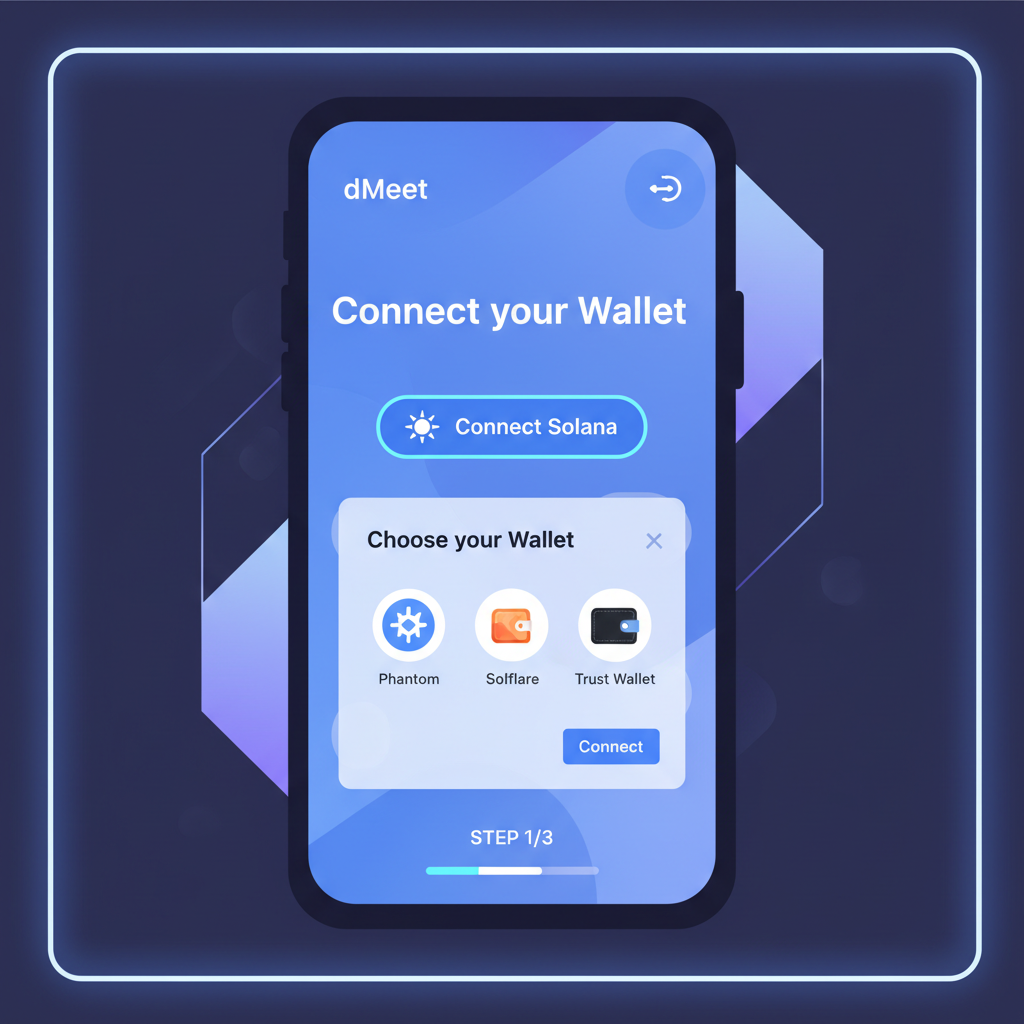 dMeet app screen connecting Solana wallet, wallet popup, futuristic UI