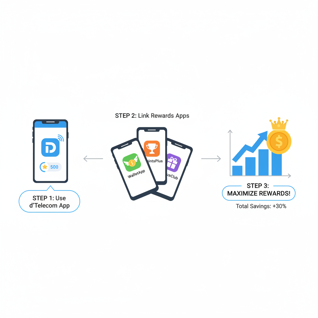 user maximizing dTelecom rewards, multiple app screens, upward arrow graph