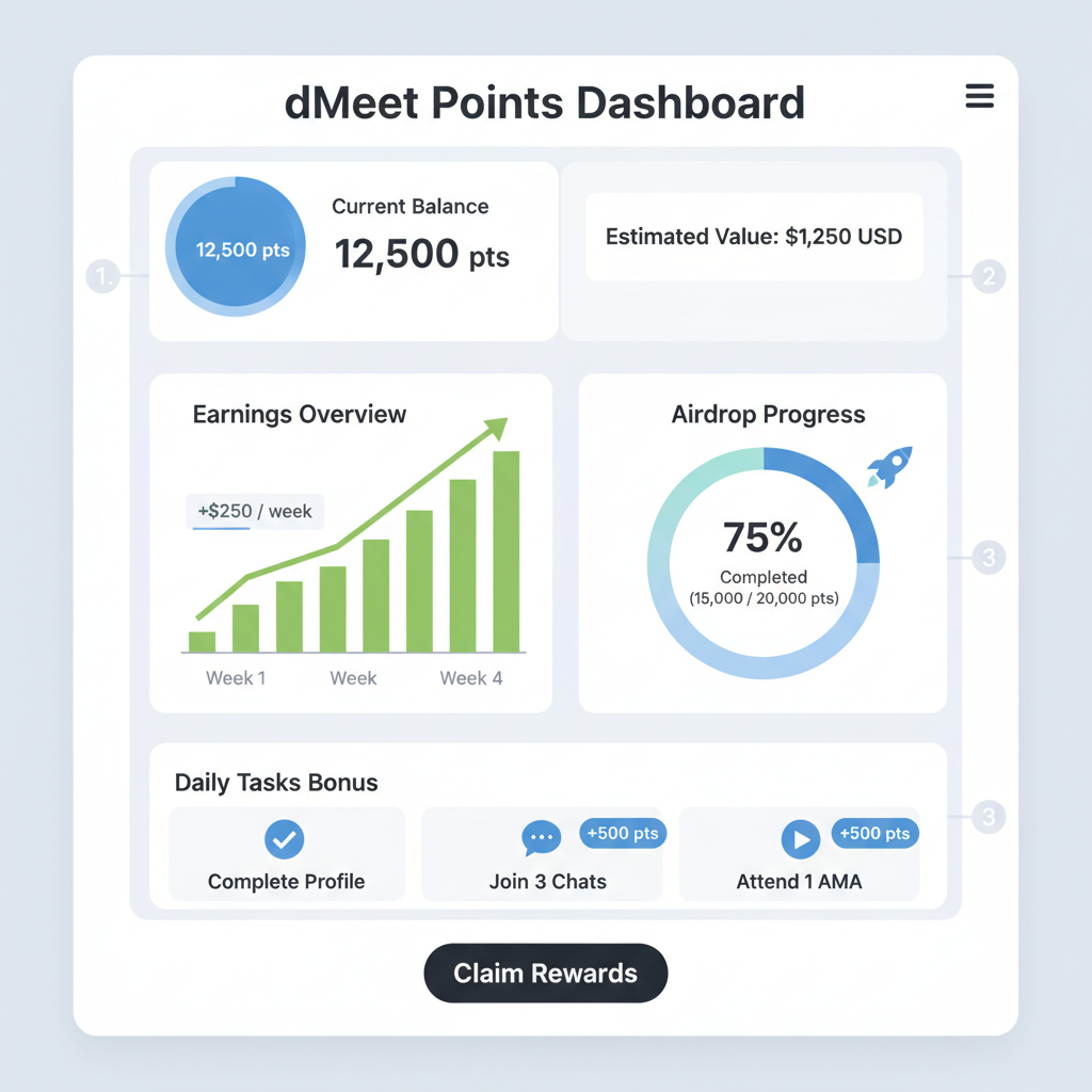 dMeet points dashboard, charts showing earnings, airdrop progress