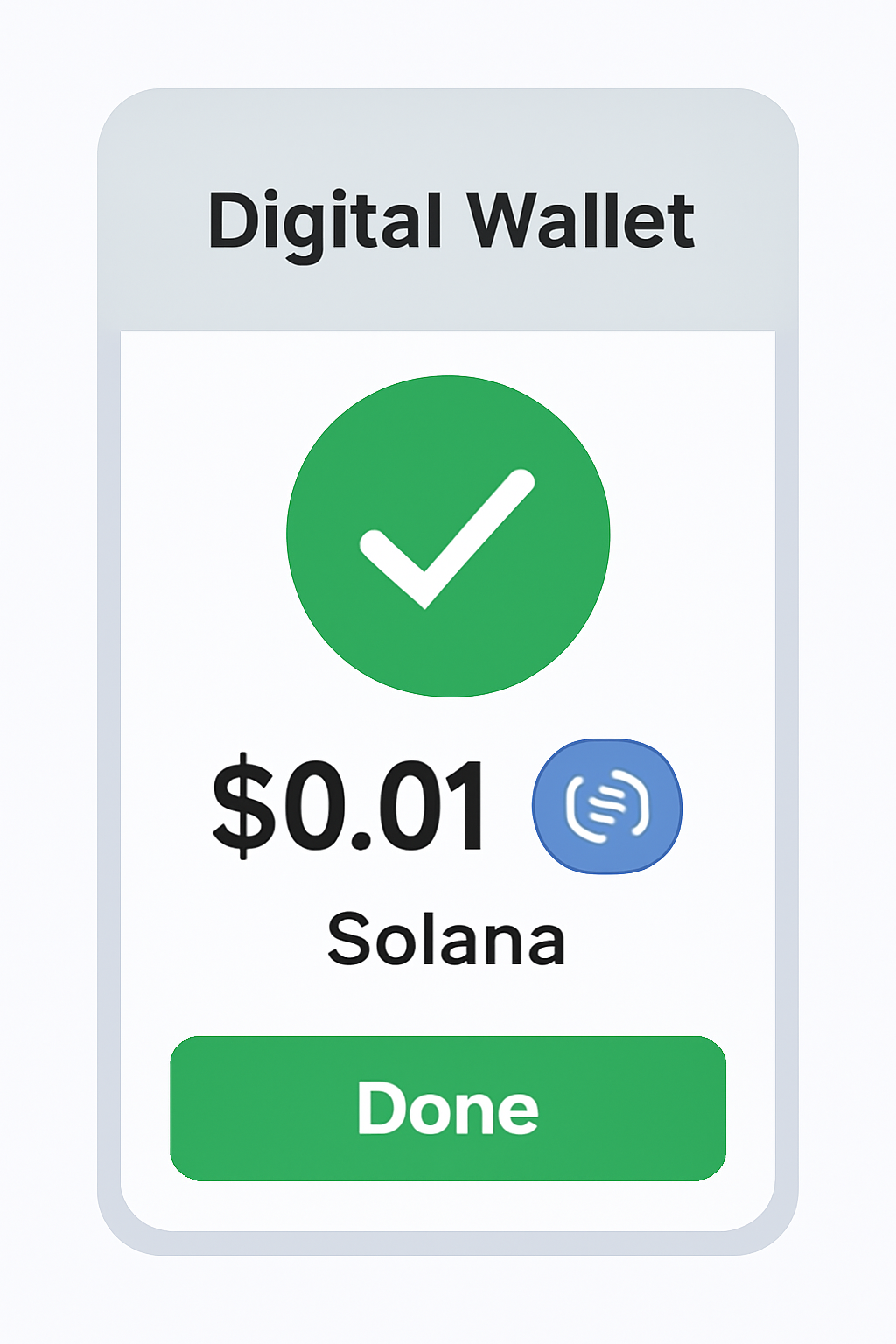 A digital wallet interface confirming a $0.01 USDC payment on the Solana network.