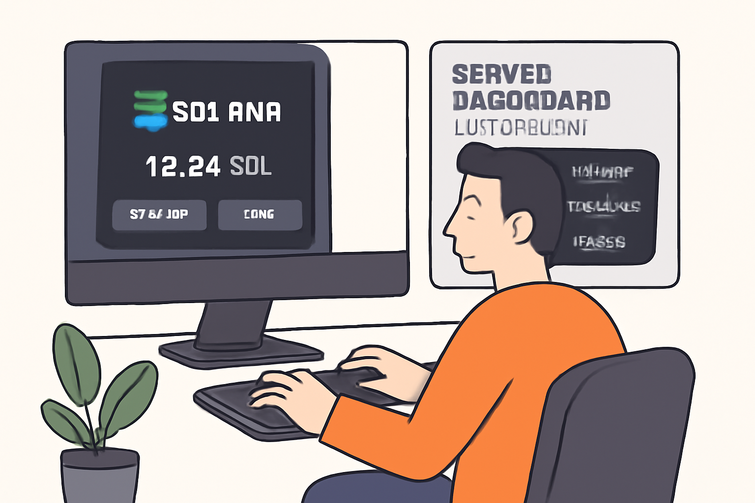 A developer at a computer with a Solana wallet open and a server dashboard showing API endpoints.