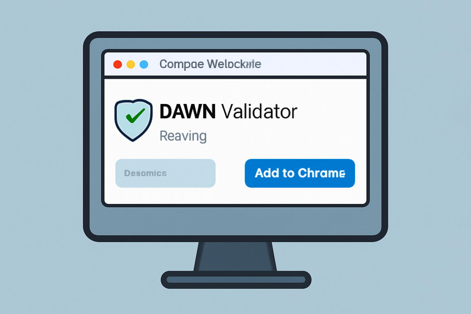 A computer screen displaying the Chrome Web Store with the DAWN Validator extension ready to install, emphasizing security and authenticity.
