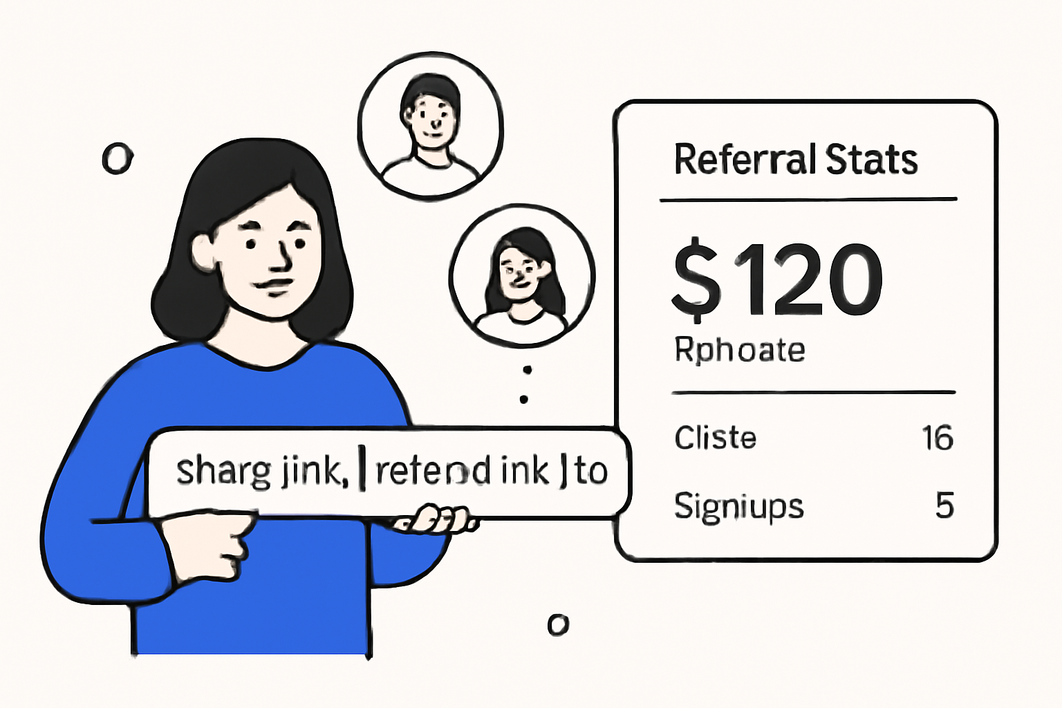 A user sharing a referral link with friends, with a dashboard displaying referral earnings and statistics.
