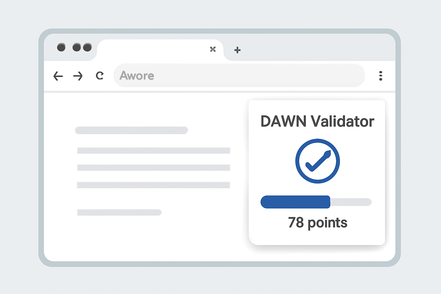 A Chrome browser with the DAWN Validator extension running in the background, a progress bar showing points accumulating.