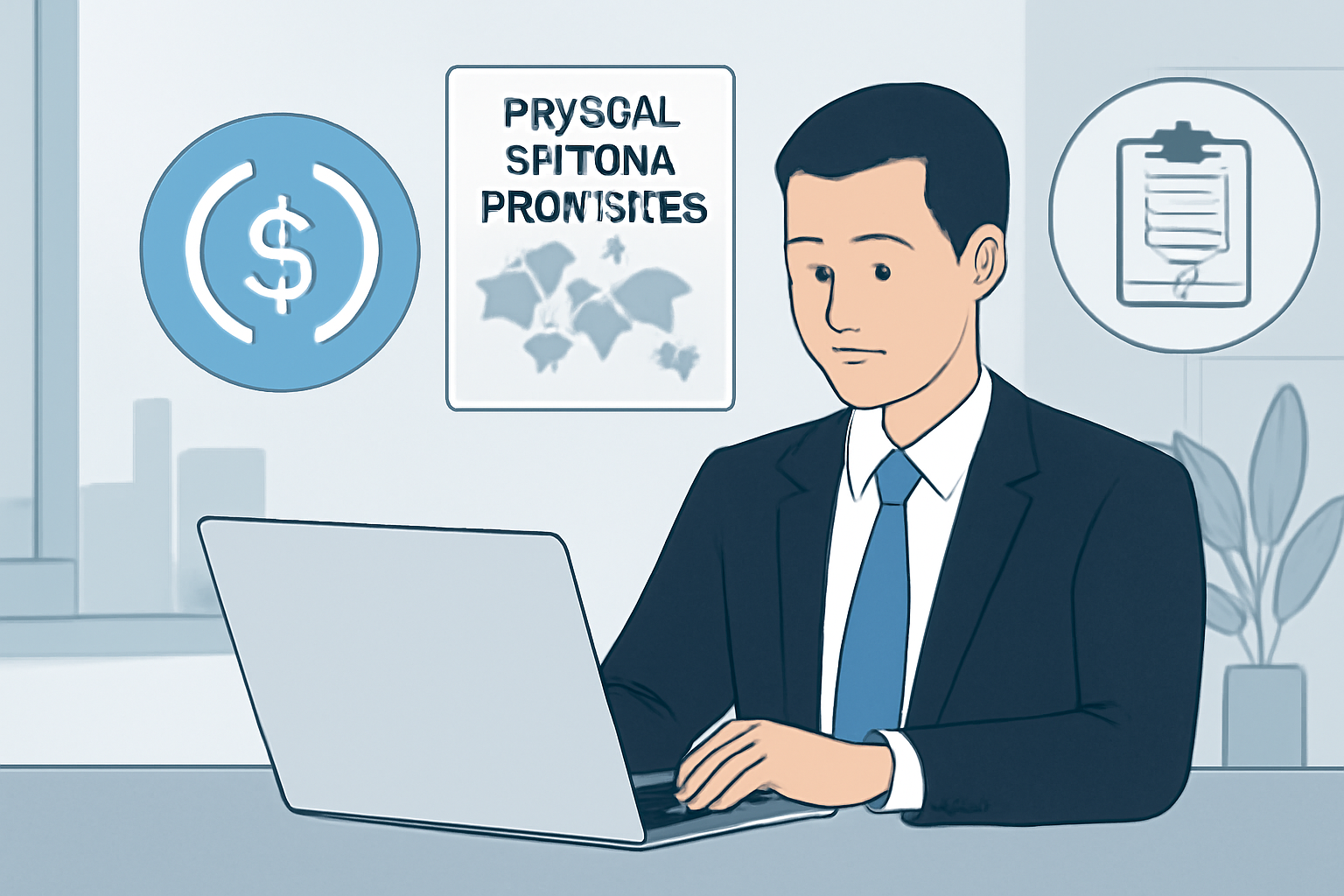 A business professional reviewing global payroll service providers on a laptop, with USDC and compliance icons in the background, modern office setting.