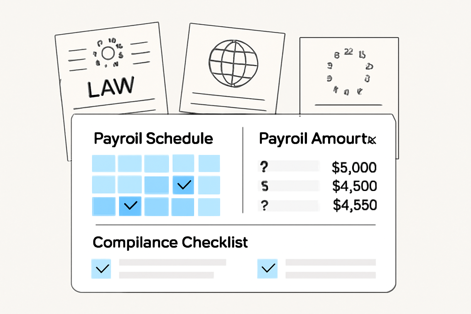A digital dashboard showing payroll schedules, amounts, and compliance checklists, with international legal documents in the background.
