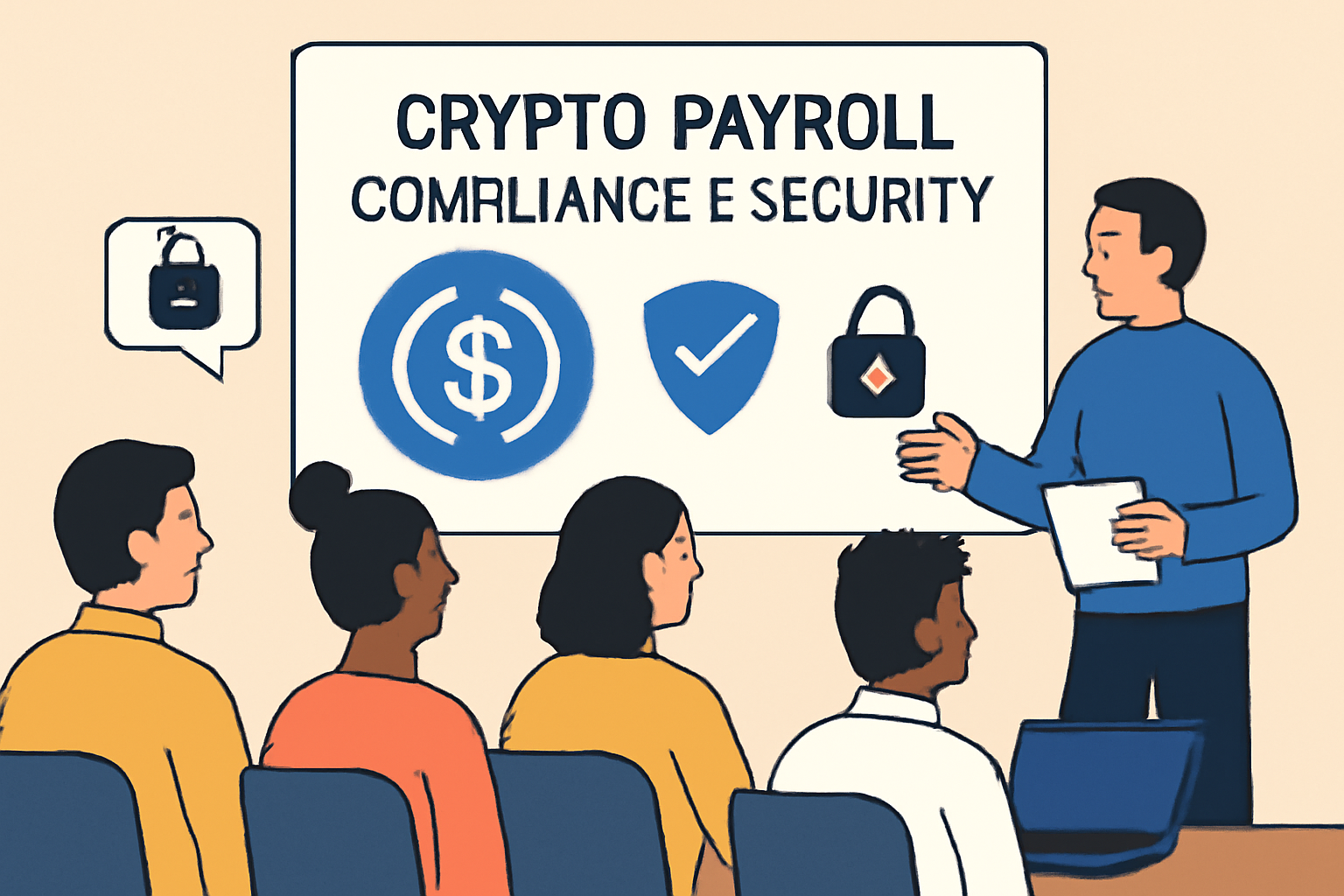 A team meeting with a presentation on crypto payroll compliance and security, employees learning about USDC, with digital security icons visible.