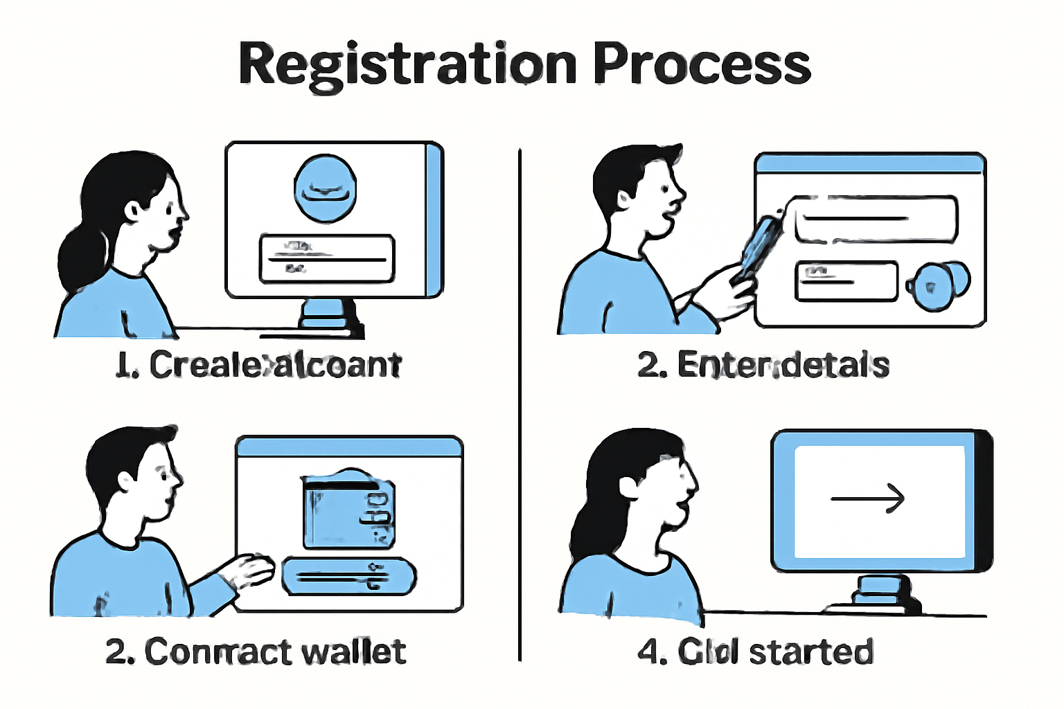 A step-by-step registration process on a digital platform, with people entering details and connecting crypto wallets, clear and instructional style.