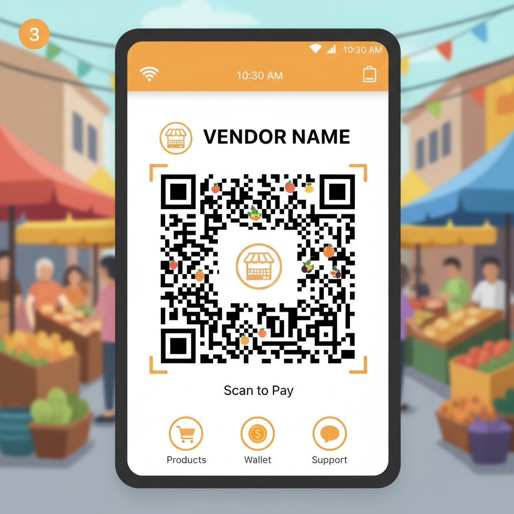 customizing QR code with vendor name and logo on app screen, street market background