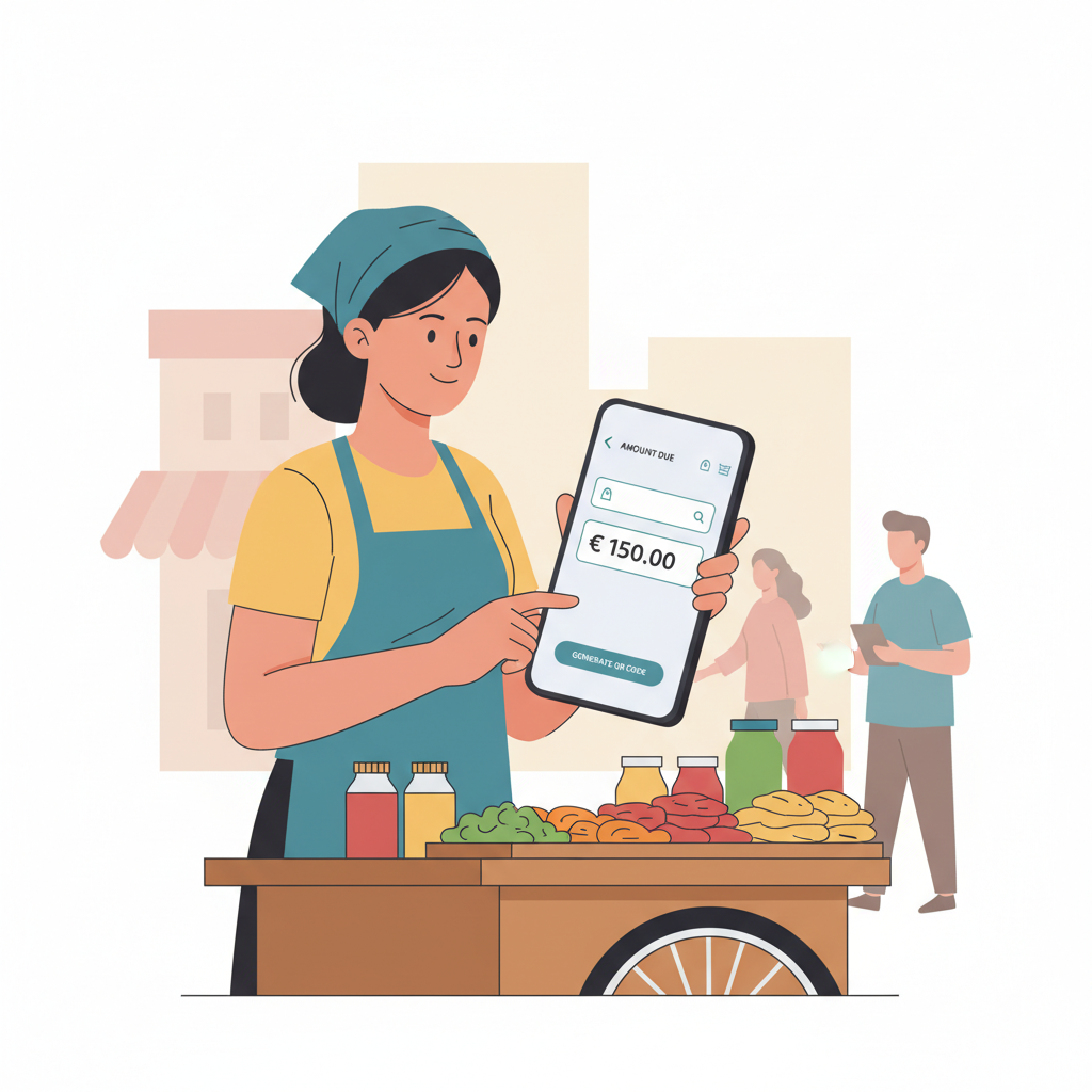 street vendor typing amount into mobile QR code generator app, technical interface, realistic