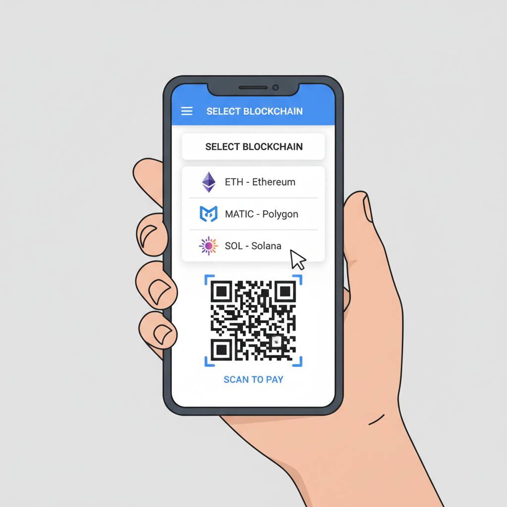 vendor selecting blockchain chain from dropdown in QR app, icons for ETH Polygon Solana, precise UI